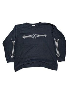 Vintage Y2k Adidas Black Long-Sleeve Graphic Tee with White Tribal Stripes